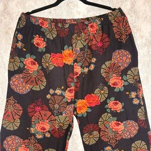 Floral Linen Pants | Black with Bright Floral Print | Tapered Leg | Size L